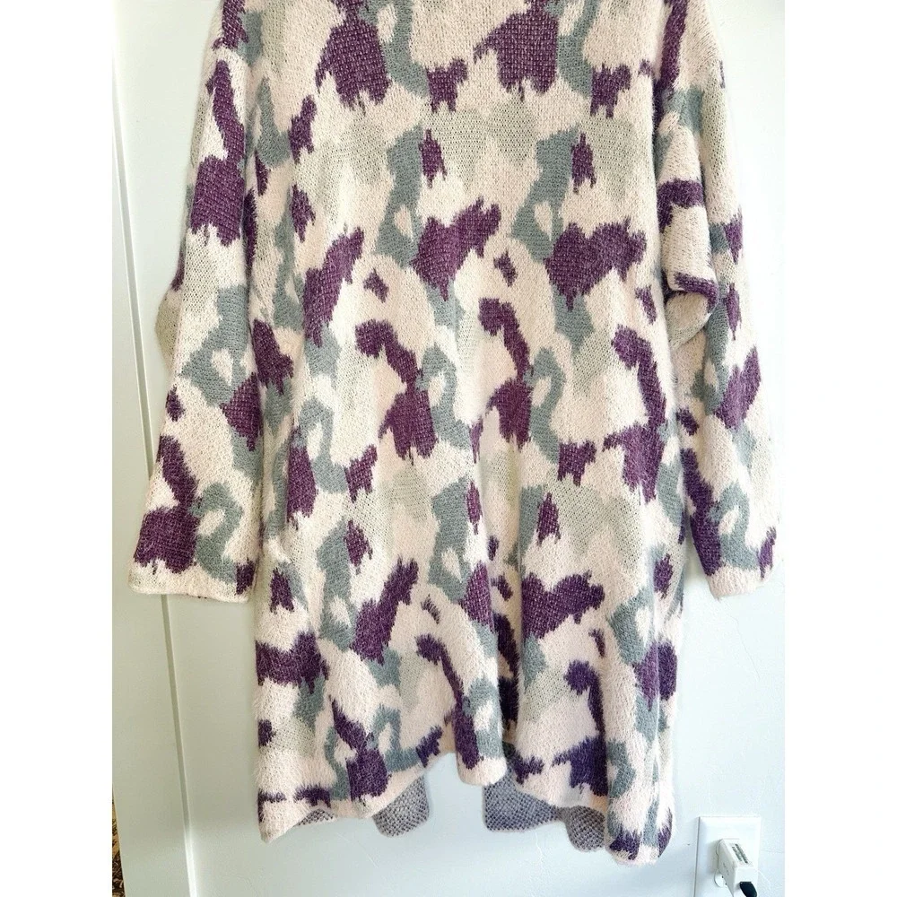 Umgee Boho Oversized Fuzzy‎ Knit Long Cardigan Sweater XL Pink Purple Abstract